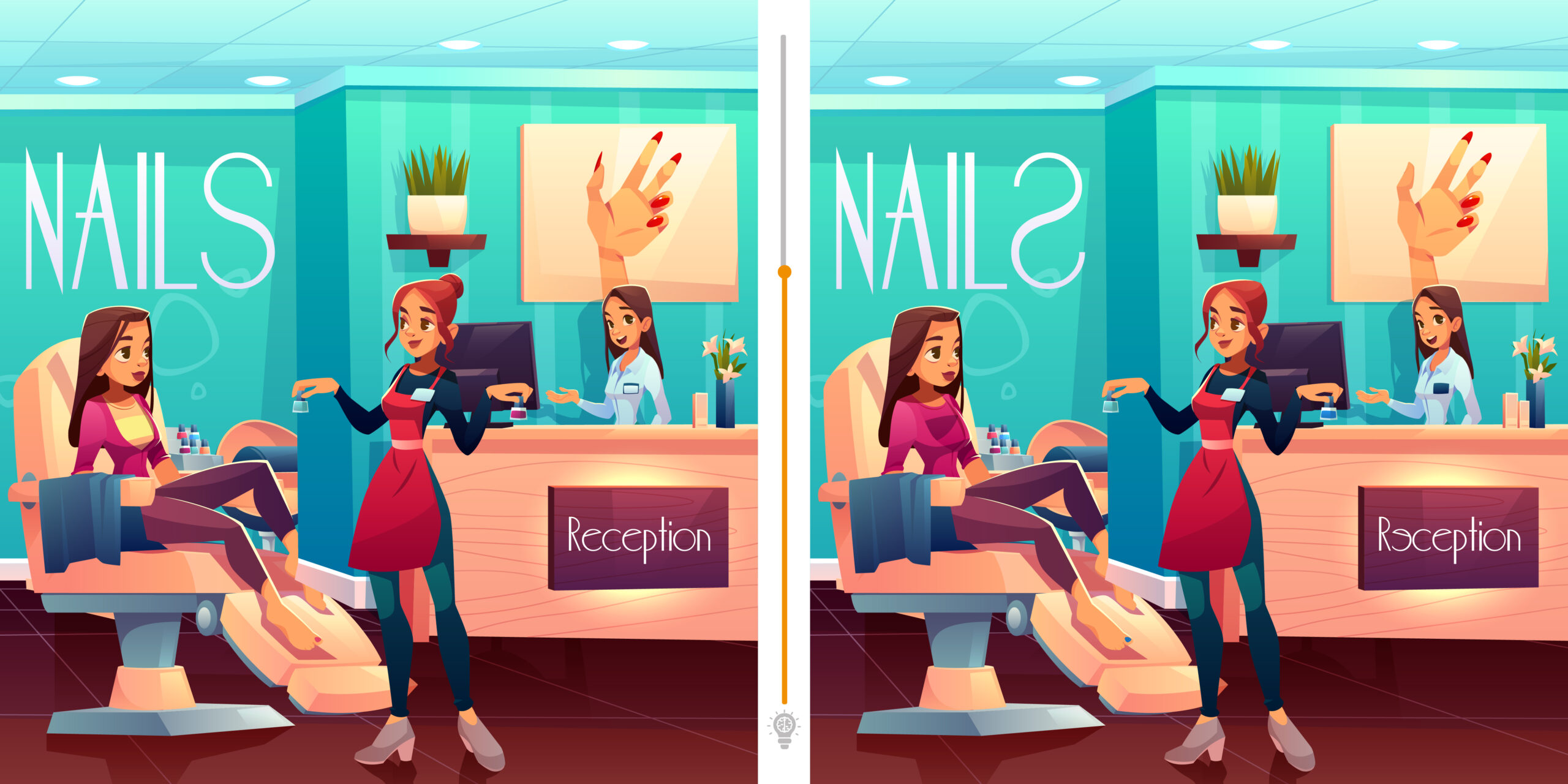 Visual challenge: Find the 10 differences between these two images of a nail salon in less than 25 seconds!